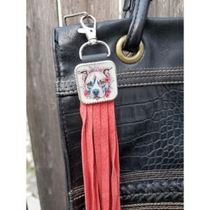 Handmade boho Pitbull lover Leather Fringe Western bag charm Long keychain